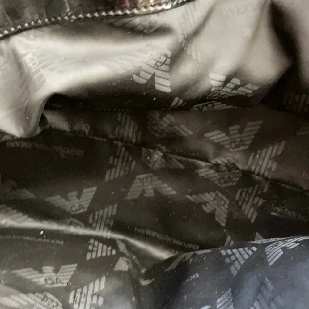 🏆HP🏆 𝅺Authentic EMPORIO ARMANI Crackled Black Patent Bowling Bag w Chains
